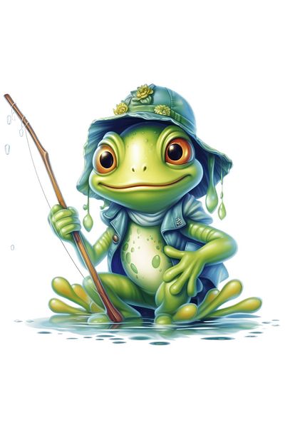 StoryGift Romania Sticker 70CM with a green frog, illustration, cheerful, holding a stick, fishing rod, water, puddle