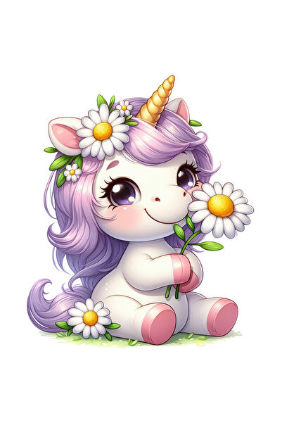 StoryGift Romania Sticker Adeziv 90CM cu un unicorn vesel, ilustratie, imbujorata, coama lunga, floricele albe,