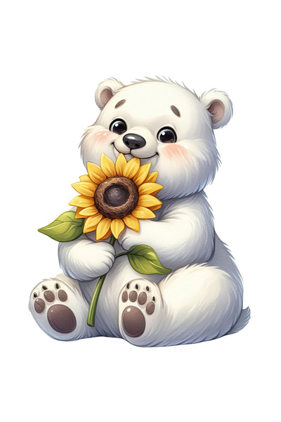 StoryGift Romania Sticker Cu Un Urs Polar Care Tine O Floare, Ilustratie, Floarea-soarelui, Recolta, Polul N