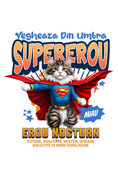 StoryGift Romania Sticker Eticheta 50CM cu Ragdoll Pisica In Costum de SuperMan cu Pelerina, Erou Nocturn, Desen