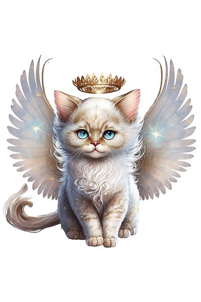 StoryGift Romania Sticker Cu O Pisicuta Alba Care Are Niste Aripi Spectaculoase, Ilustratie, Coroana, Fantas