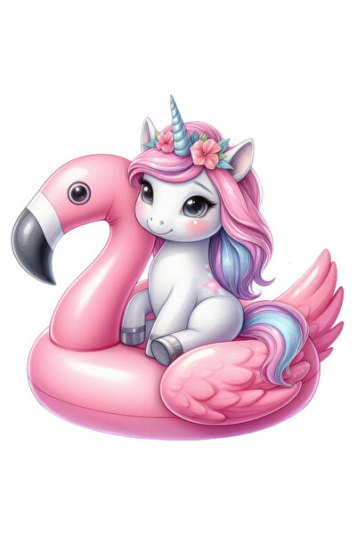 StoryGift Romania Sticker Adeziv 90CM cu un unicorn care sta pe un colac in forma de flamingo, ilustratie, imbuj