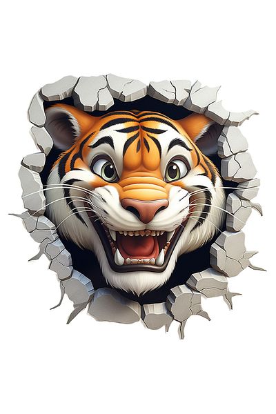 StoryGift Romania Adhesive Sticker 90CM with an aggressive tiger sticking its head out of a destroyed wall, illustration, f