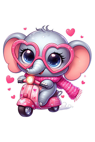 StoryGift Romania Sticker Eticheta 40CM cu un elefant care se plimba cu scuterul, ilustratie, inimioare, fular,