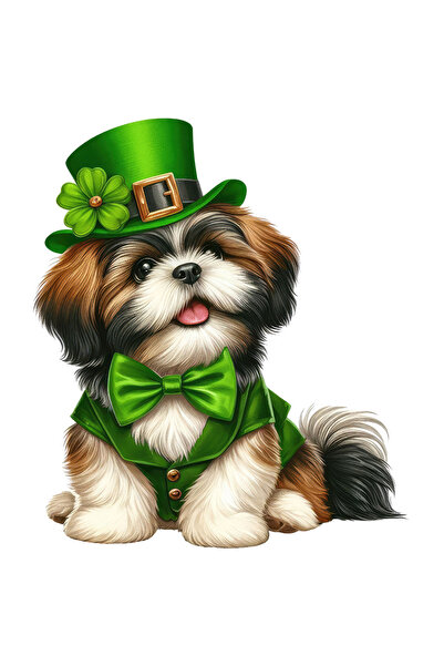 StoryGift Romania Sticker Eticheta 40CM cu un catelus blanos vesel, ilustratie, poarta o palarie verde, papion,