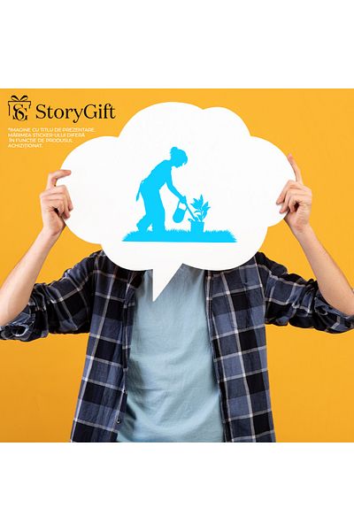 StoryGift Romania Sticker Autocolant 70CM Exterior cu o gospodina care are grija de o planta , Vinyl Albastru, 70 cm
