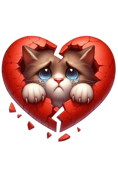 StoryGift Romania Sticker Adeziv 90CM cu o pisicuta trista care lacrimeaza, ilustratie, inima rupta, franta, dez