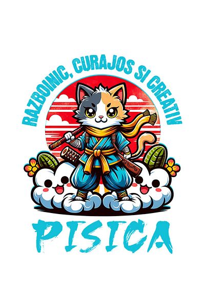 StoryGift Romania Sticker Autocolant 70CM cu Pisica Cu Tinuta Si Sabii De Ninja Motan Text Razboinic Curajos Si