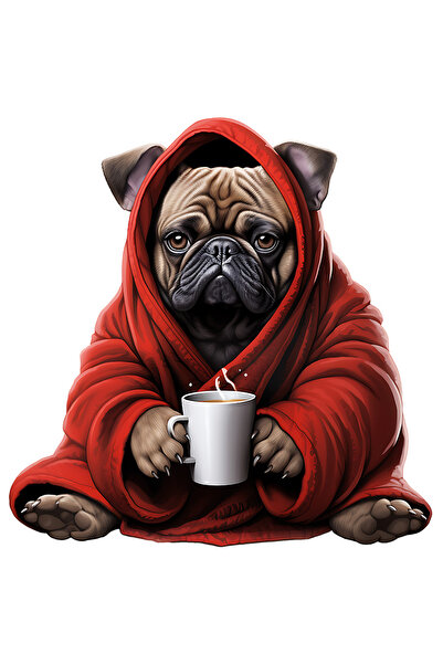 StoryGift Romania Sticker Autocolant 70CM cu un catel Pug care poarta un capod rosu, ilustratie, tine o cu ceai fier