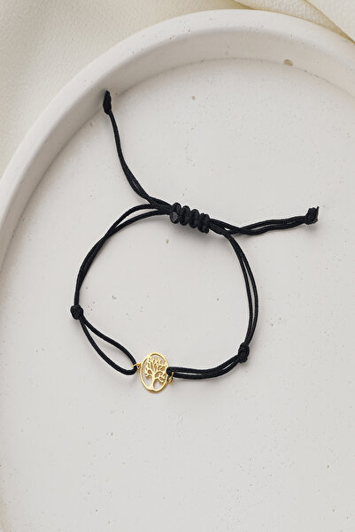 VEELKA 14 Ayar Altın Hayat Ağacı Ipli Bileklik, Ayarlanabilir Altın Bileklik-siyah