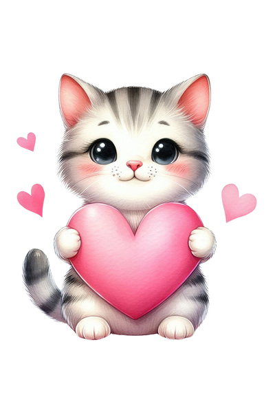 StoryGift Romania Sticker Eticheta 50CM cu o pisicuta care tine o inima in brate, ilustratie, afectiune, iubire,