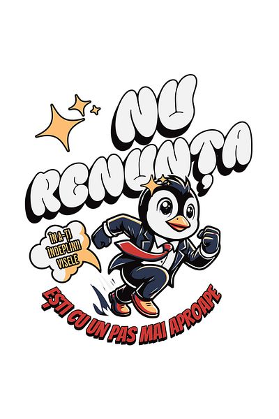 StoryGift Romania Sticker Eticheta 40CM Adeziv Pinguin alergand in costum mesaj motivational cu Margini Albe, PV