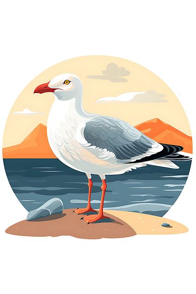 StoryGift Romania Sticker Eticheta 50CM cu un pescarus, ilustratie, apa, mare, pasare, cerc, munti , cu Margini