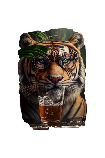StoryGift Romania Sticker Label 40CM With Tiger With Glasses With Drink Glass In Front, Savannah, Animals, Cockt