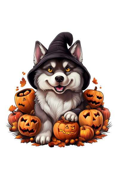 StoryGift Romania Sticker Adeziv 90CM cu un lup cu palarie de vrajitor, dovleci decorati, Halloween, ilustratie,