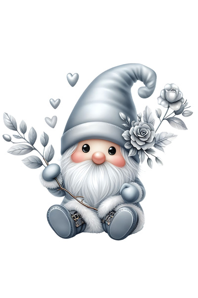 StoryGift Romania Sticker Autocolant 70CM cu un pitic surprins, ilustratie, ramura, flori, inimi, argintiu, lume