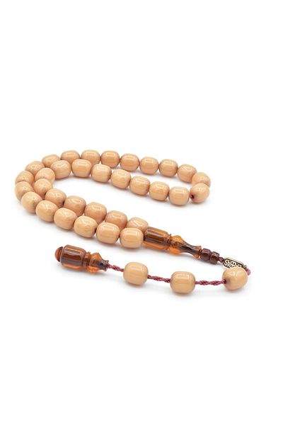 Murty99 Dabbas Signed Barrel Cut Beige Squeeze Amber Prayer Beads