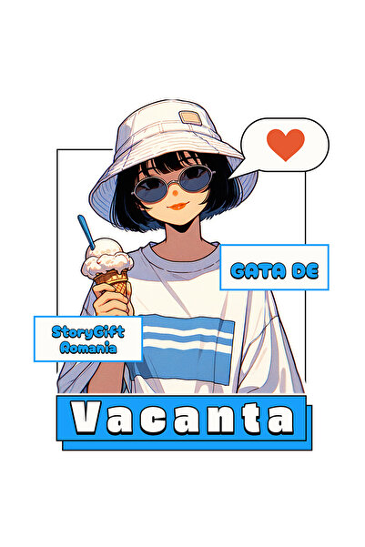 StoryGift Romania Sticker Eticheta 40CM Adeziv Fata stil anime cu inghetata text Gata de vacanta cu Margini Albe