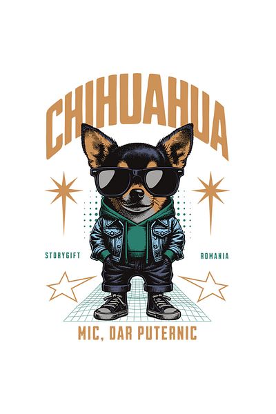 StoryGift Romania Sticker Autocolant 70CM Adeziv Caine chihuahua gangster cu ochelari de soare cu Margini Albe,