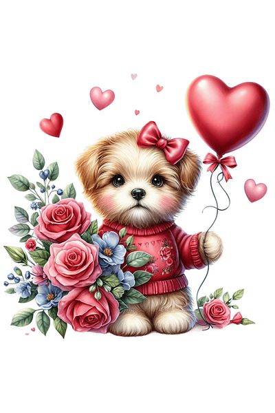 StoryGift Romania Sticker Label 50CM with a shy puppy, illustration, blushing, roses, flowers, balloon in