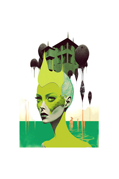 StoryGift Romania Sticker Autocolant 70CM Cu Femeie, Artistica, Estetic, Casa, Verde, Nenon, cu Margini Albe, P