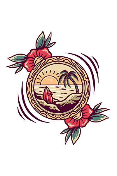 StoryGift Romania Sticker Eticheta 40CM Cu Plaja, Apus, Mare, Palmier, Placa De Surf, Flori, Rama, cu Margini A