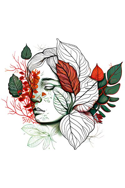 StoryGift Romania Sticker Eticheta 50CM cu o fata de femeie, ilustratie, serioasa, verde, arta abstracta, frunze
