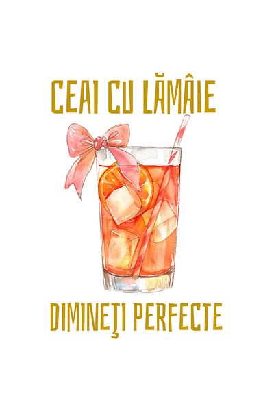 StoryGift Romania Sticker Adeziv Ceai Cu Lamaie Dimineti Perfecte Pahar Cu Pai Si Funda Cu Margini Albe, Pvc