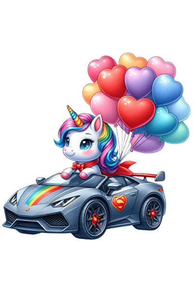 StoryGift Romania Sticker Adeziv 90CM cu un unicorn care conduce un Lamborghini, ilustratie, multe baloane diver