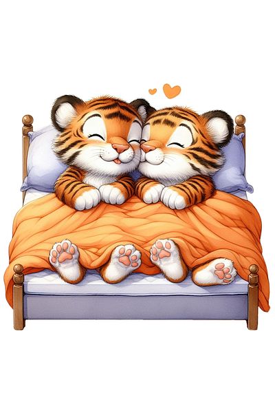 StoryGift Romania Sticker With A Female Tiger And A Tiger Sitting In Bed, Illustration, Tiredness, Bedtime