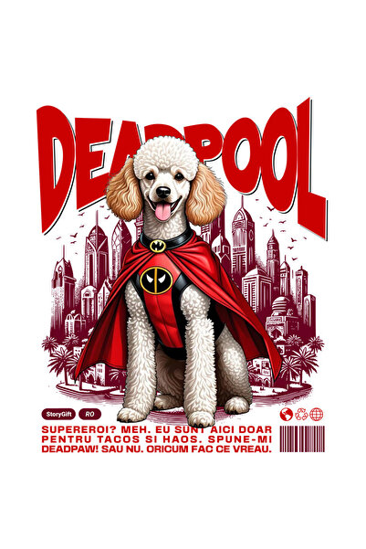 StoryGift Romania Sticker Cu Pudel / Poodle Caine In Costum De Deadpool Cu Pelerina, Erou Nocturn, Desene An