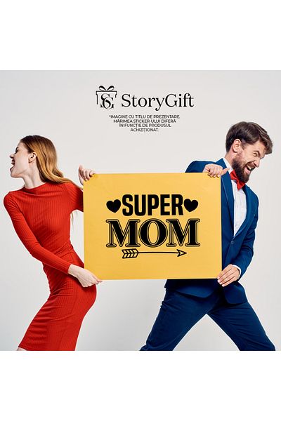 StoryGift Romania Sticker Eticheta 40CM Exterior cu inimi pentru mame bune si iubite cu mesajul "Super mom" mama