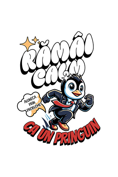 StoryGift Romania Sticker Eticheta 50CM Adeziv pinguin in costum text ramai c...