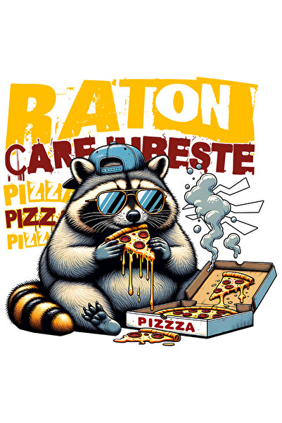 StoryGift Romania Sticker Autocolant 70CM Adeziv Animal raton cu sapca care iubeste pizza cu Margini Albe, PVC V