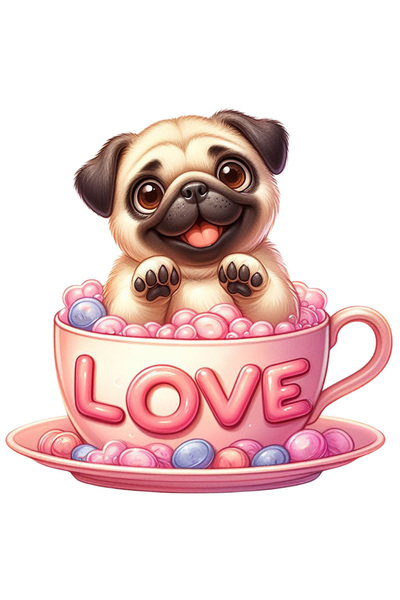 StoryGift Romania Sticker Cu Un Catelus Pug Care Sta Intr-o Ceasca Pe Care Scrie "love", Ilustratie, Fericir