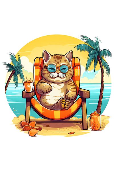 StoryGift Romania Sticker Autocolant 70CM cu o pisica la mare, pahar cu bautura, apa, palmieri, plaja, ilustrati