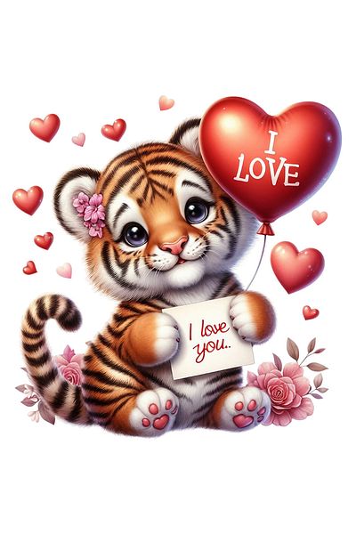 StoryGift Romania Sticker Label 50CM with a tiger cub holding a heart-shaped balloon, illustration, tim