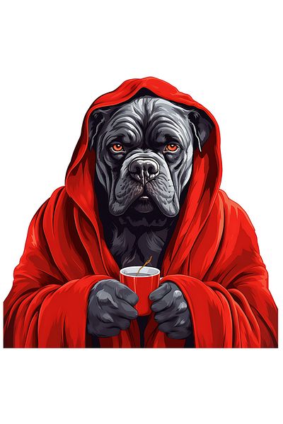 StoryGift Romania Sticker Eticheta 40CM cu un caine gri care poarta un capod rosu, racit, cu ceai, tratament, grip