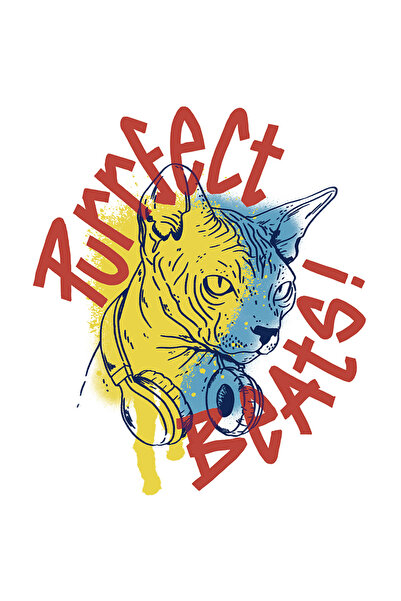 StoryGift Romania Sticker Adeziv 90CM Cu Pisica Cheala Sfinx DJ, Text In Engleza Rosu Purfect Beats!, Cadou Pent