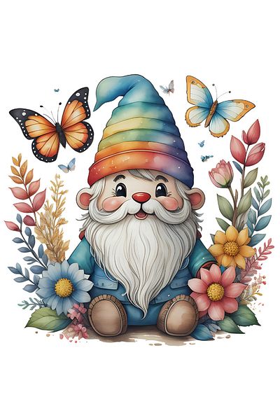 StoryGift Romania Sticker 70CM with a cheerful garden gnome, illustration, butterflies, nature, various flowers