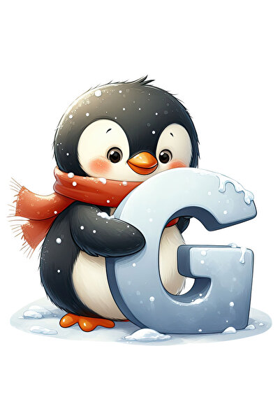 StoryGift Romania Sticker Eticheta 40CM cu un pinguin care tine litera "G", ninge, frig, Polul Nord, scoala, alf
