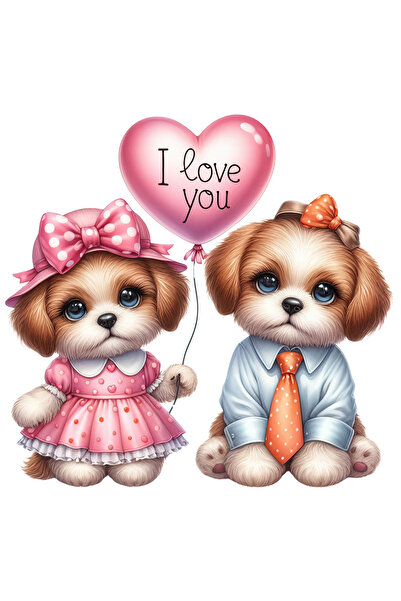 StoryGift Romania Sticker Eticheta 50CM cu o catelusa si un catel, ilustratie, balon cu mesajul "I love you", ro