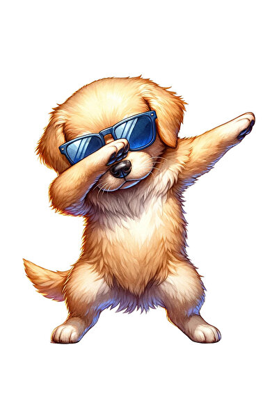 StoryGift Romania Sticker Eticheta 40CM cu un catel Golden Retriever care danseaza, ochelari de soare, ilustrati