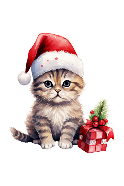 StoryGift Romania Sticker Autocolant 70CM cu o pisicuta care poarta o caciula de Craciun, ilustratie, serioasa,