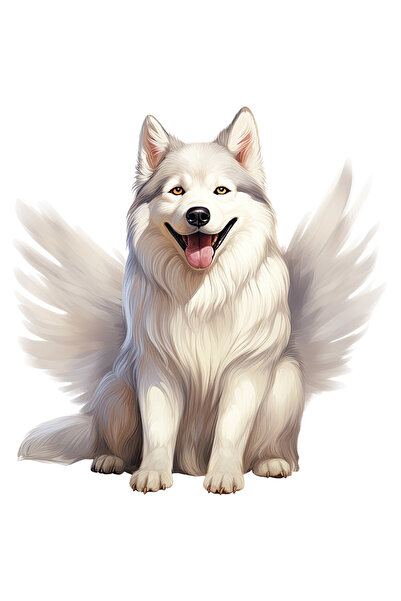 StoryGift Romania Sticker Eticheta 40CM cu un caine Malamut de Alaska jucaus, ilustratie, aripi albe, pentru iub