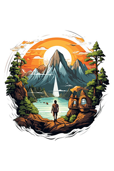 StoryGift Romania Sticker Cu Un Om In Fata Unor Munti, Ilustratie, Apa, Lac, ...