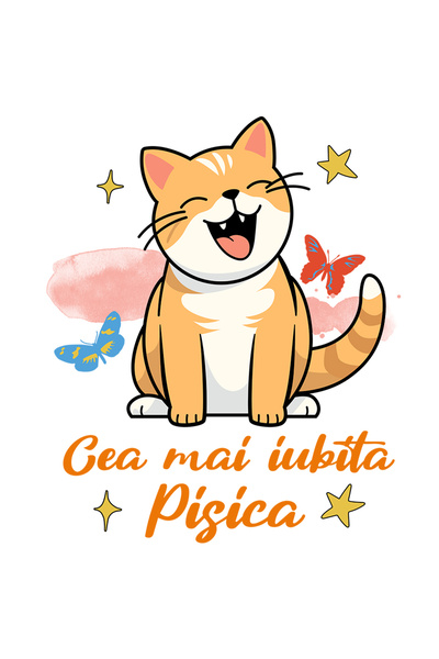 StoryGift Romania Sticker Autocolant 70CM Adeziv Cea mai iubita pisisca portocalie, fluturi cu Margini Albe, PV