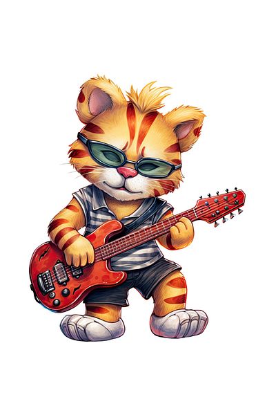 StoryGift Romania Sticker Label 50CM with a tiger cub playing the guitar, illustration, glasses, talent,
