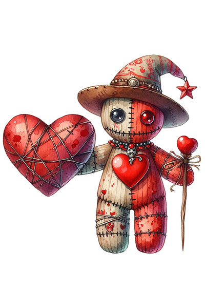 StoryGift Romania Sticker Adeziv 90CM cu o papusa din carpe care tine o inima, ilustratie, palarie de vrajitor,