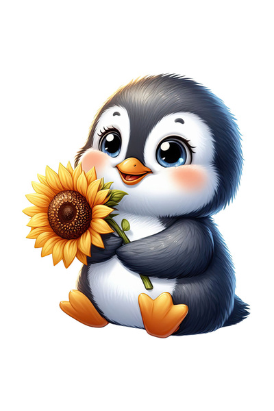 StoryGift Romania Sticker Eticheta 40CM cu un pinguin vesel care tine o floar...